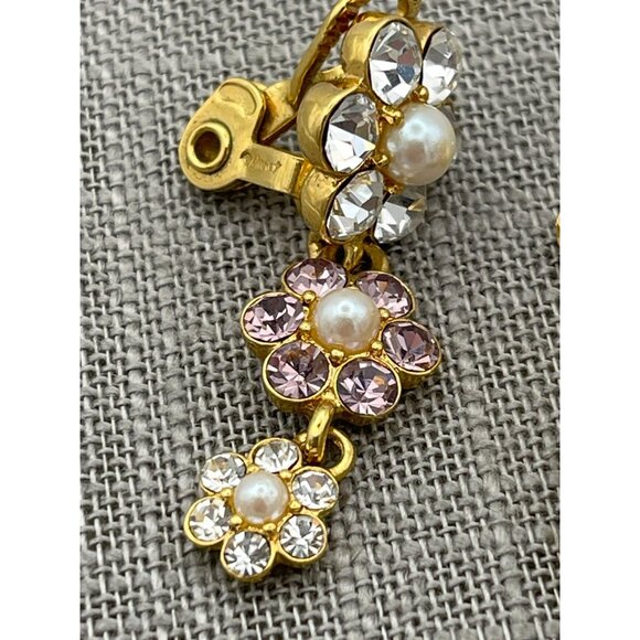 Monet Drop Flowers Clip Back Earrings Rhinestone Faux Pearls - Picture 7 of 10